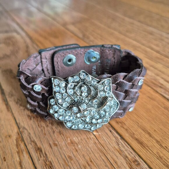 Leather Braided Cuff Bracelet w/ Rhinestone Flower - Picture 2 of 10
